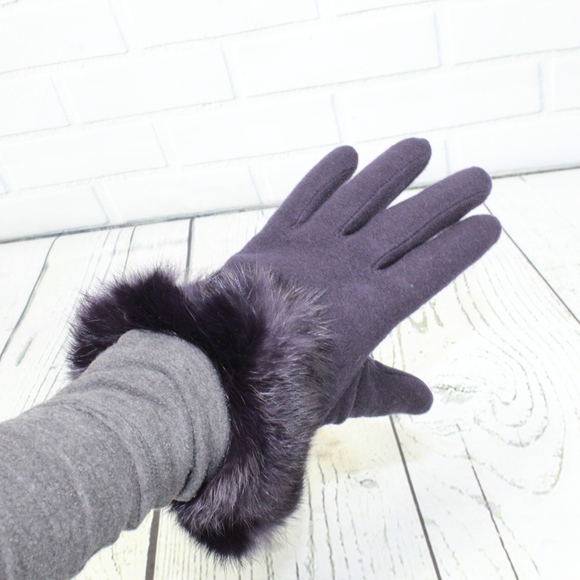 NEW Roberta Di Camerino Fur Trim Gloves Blue Black - Picture 2 of 8